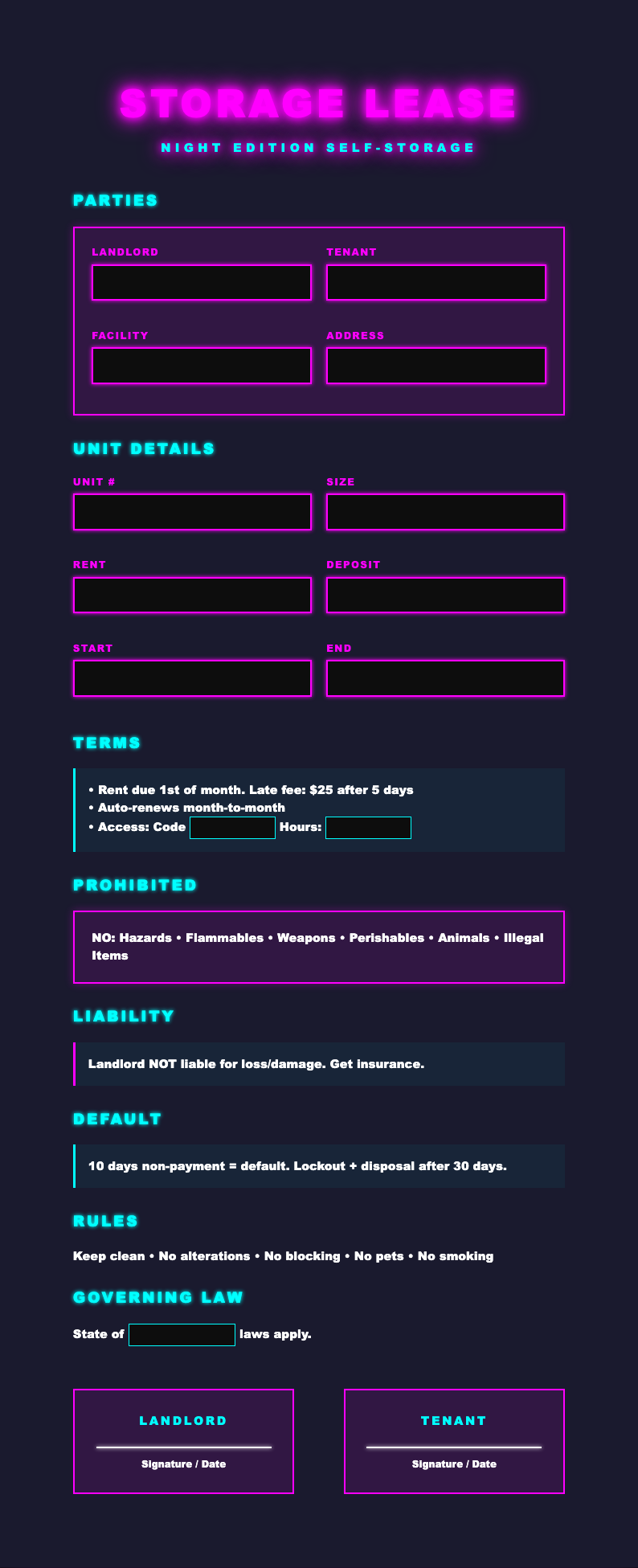 Holographic iridescent storage unit lease agreement